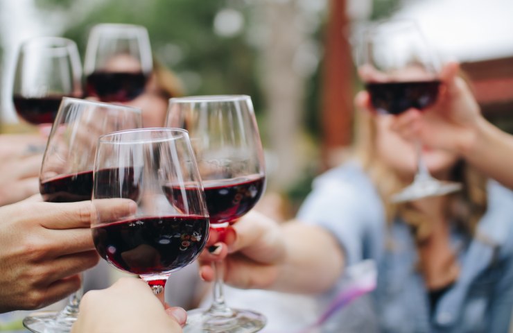 Calici di vino rosso mentre si uniscono in un brindisi