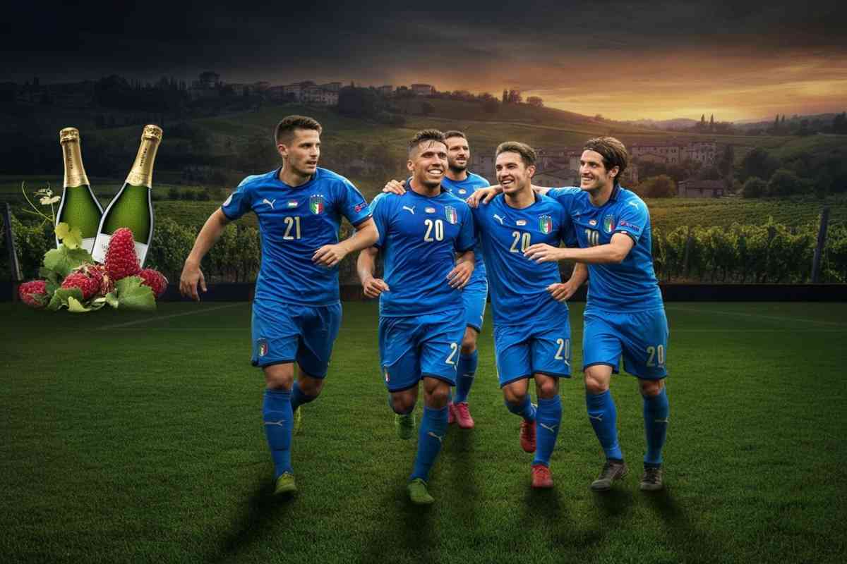 La Nazionale Italiana di calcio festeggia con le bollicine azzurre di 958 Santero